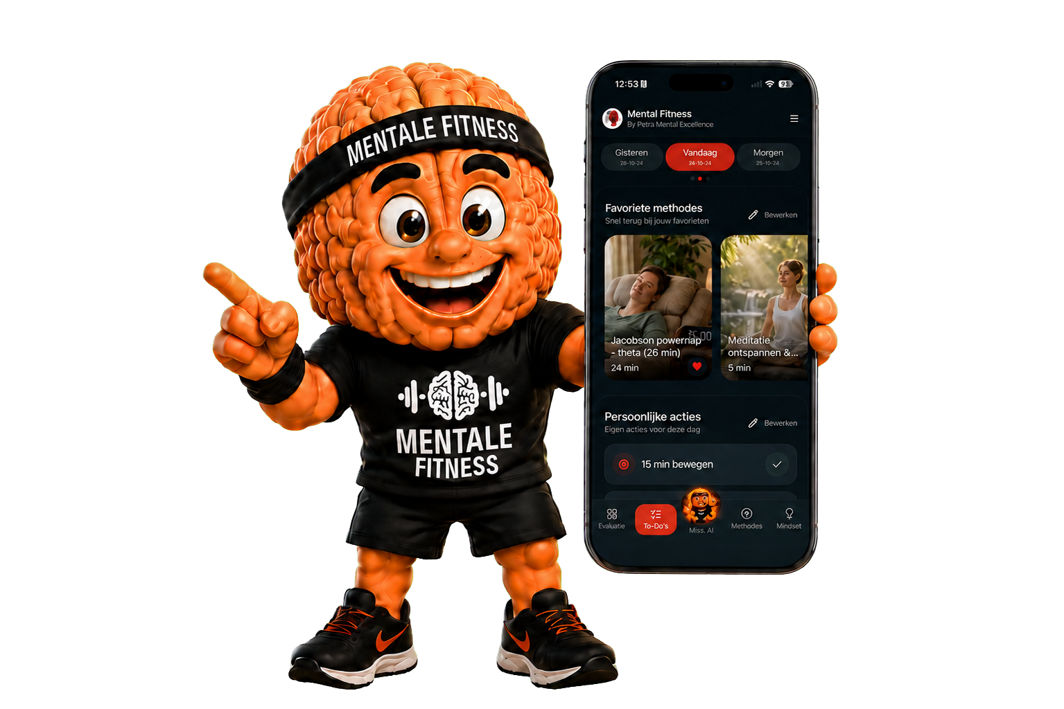 Mental Fitness mascotte met smartphone die het persoonlijke trainingsschema toont